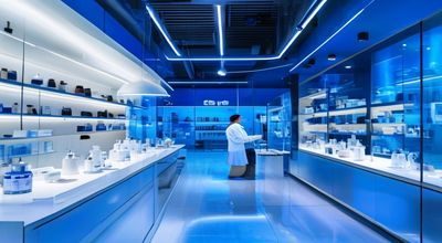 亚洲精品区品质故事：首尔清潭洞顶级美妆实验室内研究员在显微镜前检验成分，背景蓝色科技感
