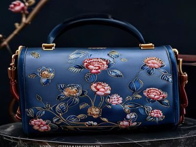亚洲精品区独家联名：苏绣与当代设计师联名手包，深蓝底色上绣金色牡丹，工艺细腻精致